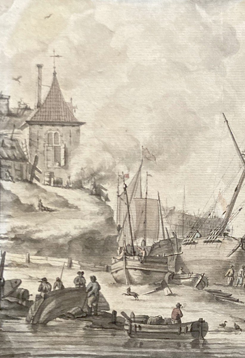 ECOLE DU NORD 18E SIECLE "Paysage aux bateaux" Dessin/Plume, lavis gris, aquarelle-photo-2