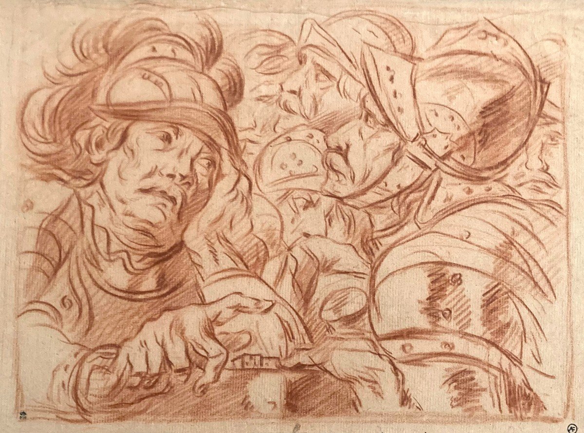 PARROCEL Charles (1688-1752) "Soldats" Dessin/Crayon sanguine, Provenance/2 Cachets