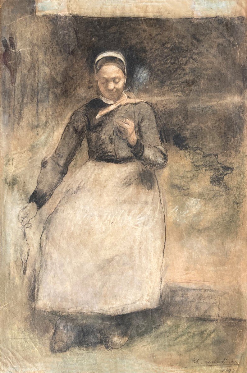 MILCENDEAU Charles (1872-1919) "Femme à l'ouvrage" Dessin/Crayon noir, pastel, signé et daté