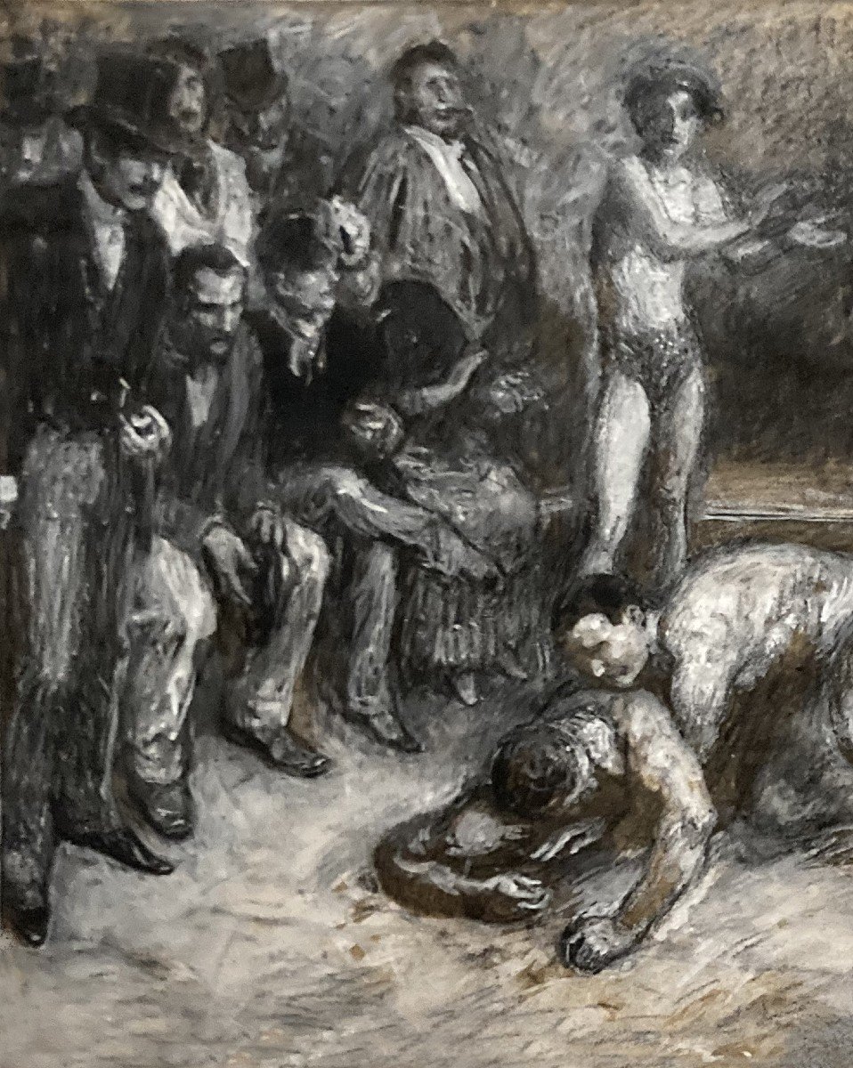 French School Late 19th Early 20th Century "the Wrestlers" Drawing/ink Wash And White Gouache-photo-2