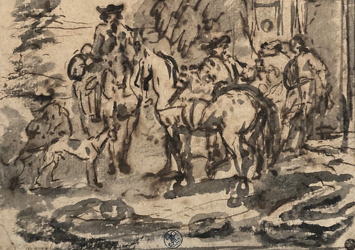 PARROCEL Charles (1688-1752) "Cavaliers devant une auberge" Dessin/Plume,lavis gris, Provenance-photo-3