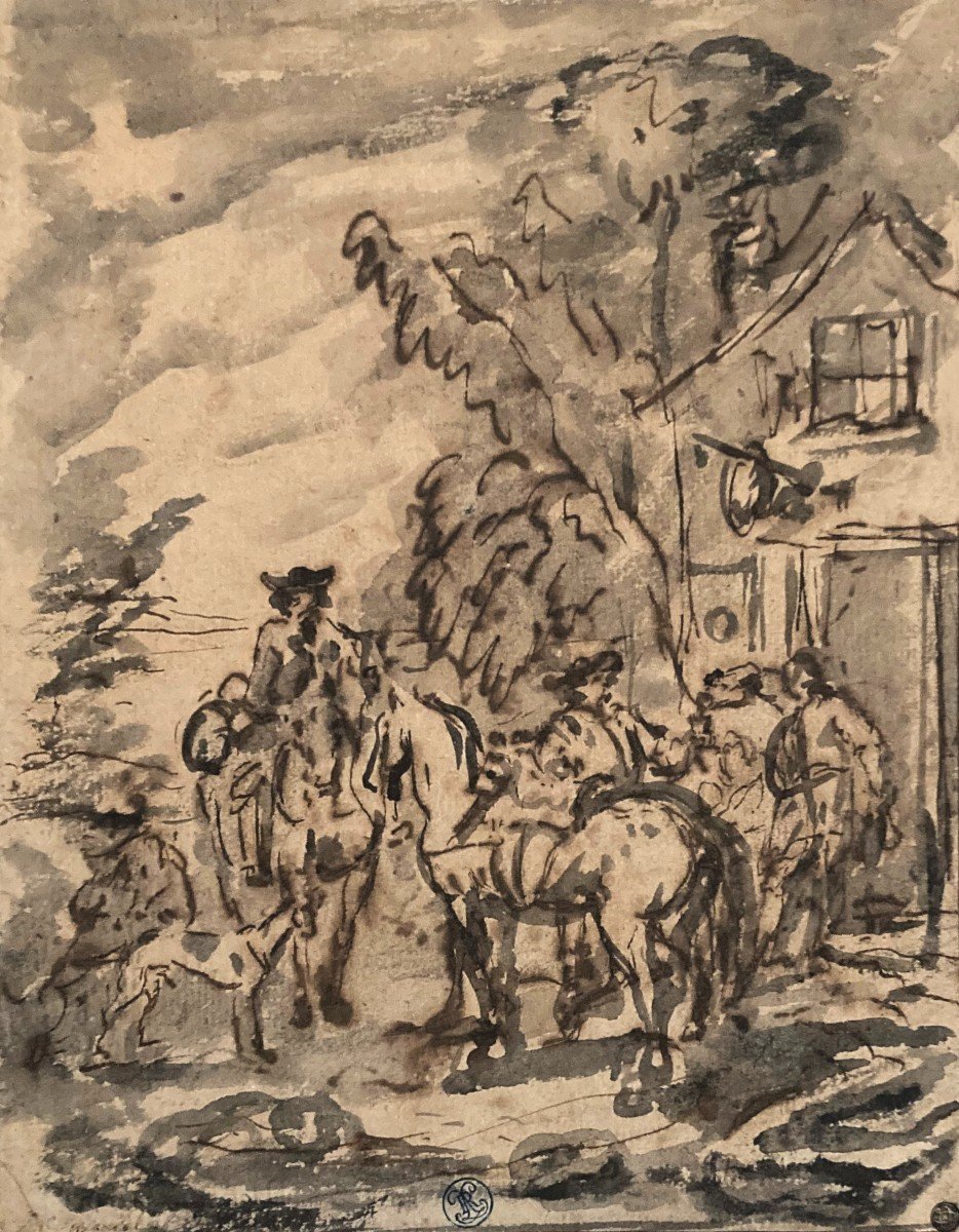 PARROCEL Charles (1688-1752) "Cavaliers devant une auberge" Dessin/Plume,lavis gris, Provenance