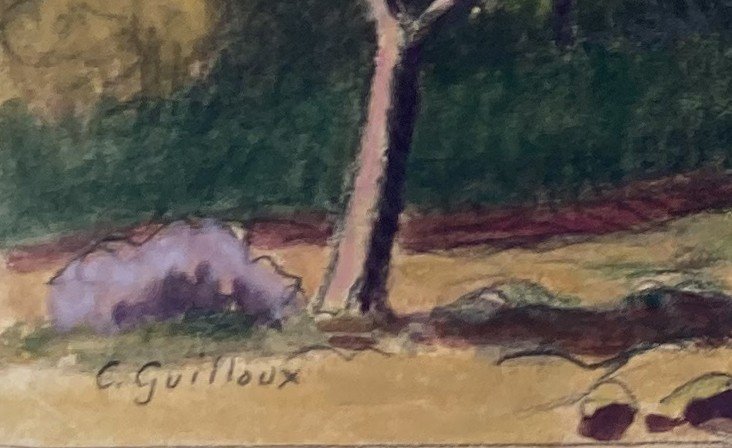 Guilloux Charles (1866-1946) "landscape" Drawing In Black Pencil And Watercolor, Signed-photo-4