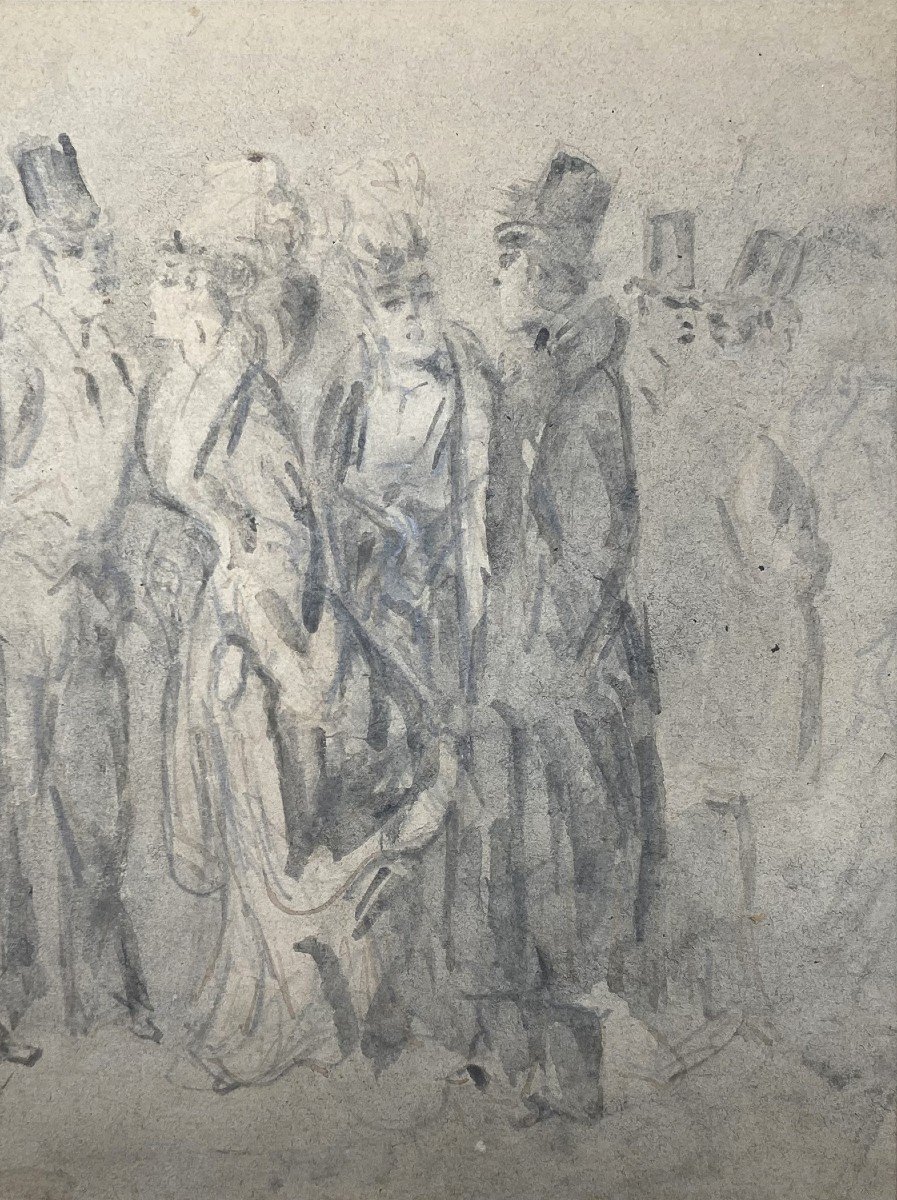 GUYS Constantin (1802-1892) "Dandys et élégantes" Dessin au lavis gris-photo-3