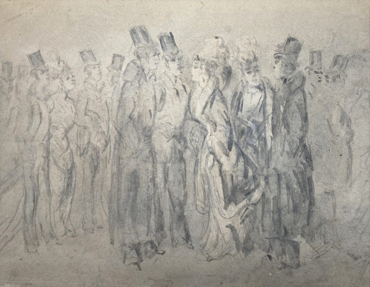 GUYS Constantin (1802-1892) "Dandys et élégantes" Dessin au lavis gris