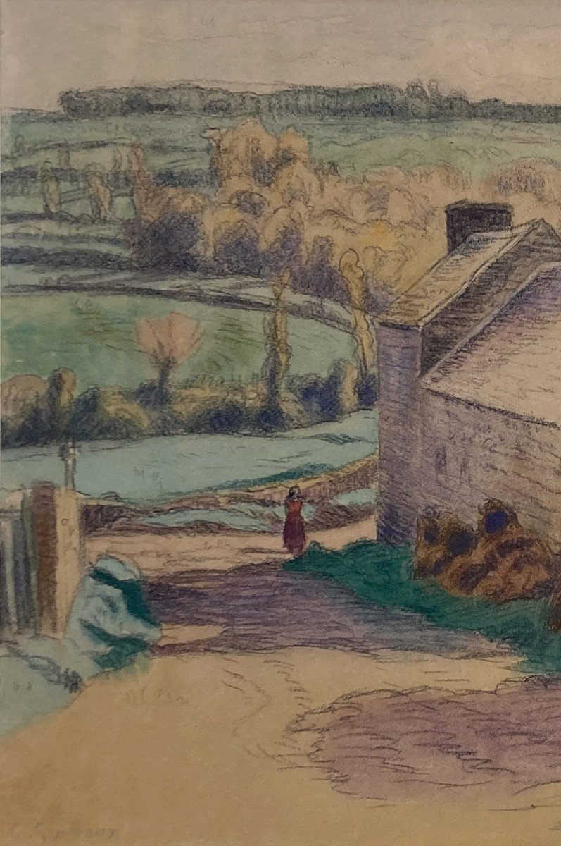 Guilloux Charles (1866-1946) "landscape Of Brittany" Drawing In Black Pencil And Watercolor, Signed-photo-2
