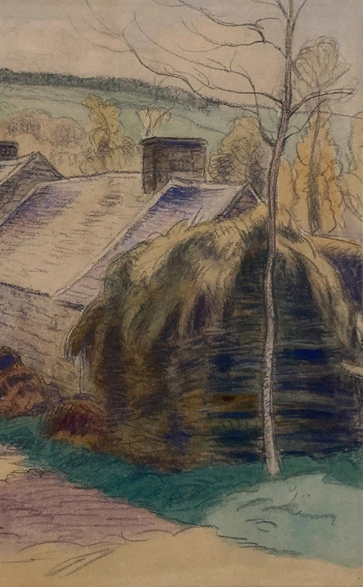 Guilloux Charles (1866-1946) "landscape Of Brittany" Drawing In Black Pencil And Watercolor, Signed-photo-3