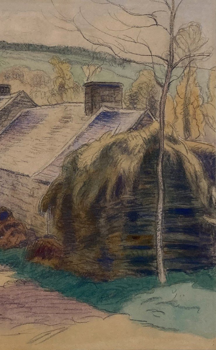 GUILLOUX Charles (1866-1946) "Paysage de Bretagne" Dessin au crayon noir et aquarelle, signé-photo-3