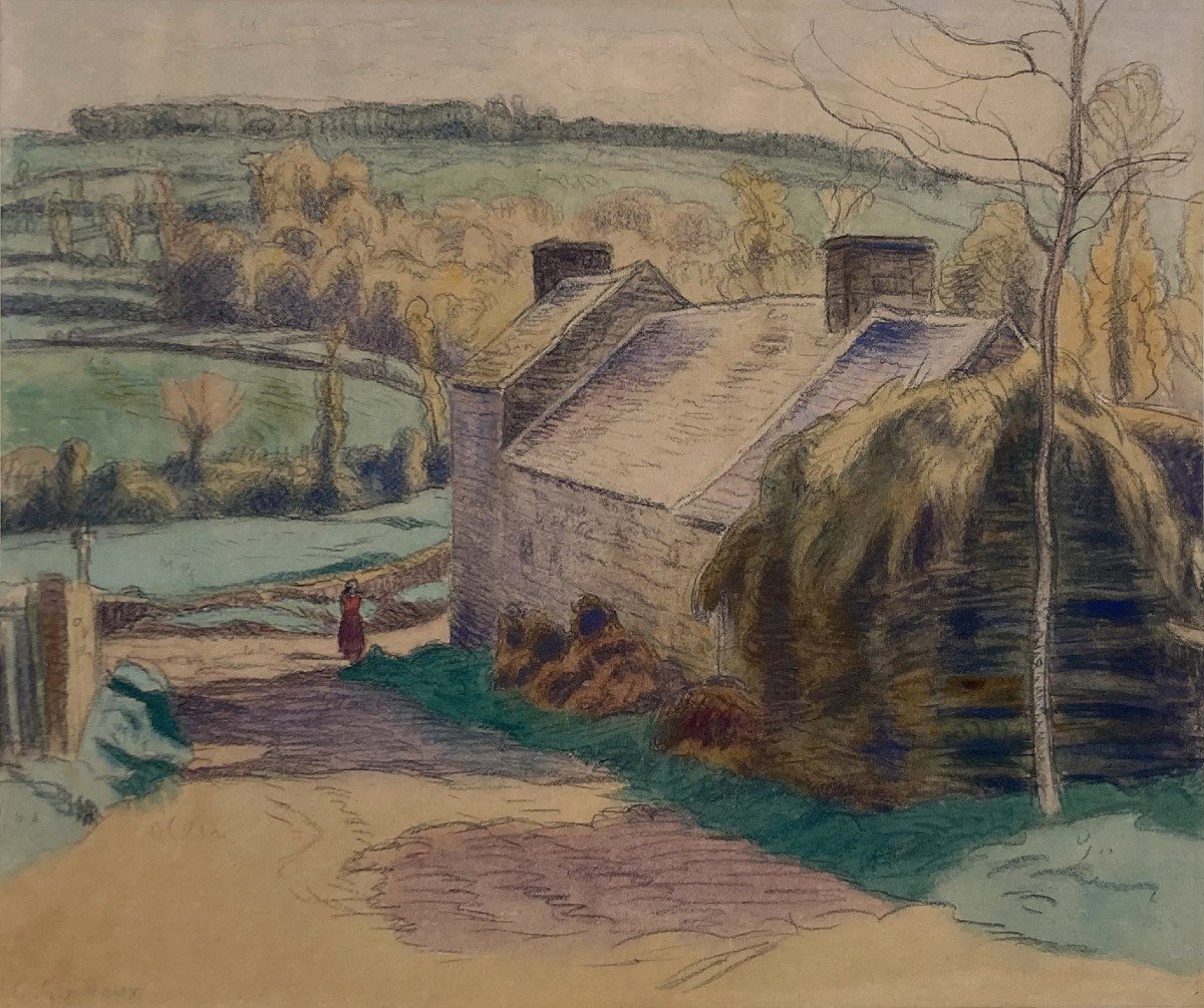 GUILLOUX Charles (1866-1946) "Paysage de Bretagne" Dessin au crayon noir et aquarelle, signé