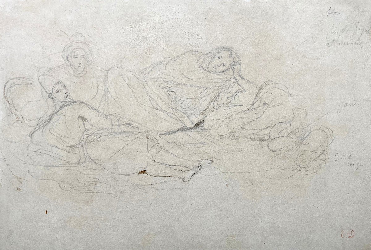 Delacroix Eugène (1798-1863) "moroccans Lying Down" Drawing/black Pencil, Provenance/stamp