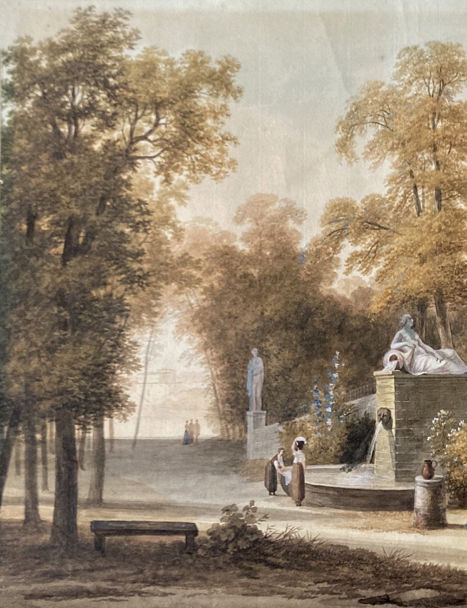 GADBOIS Louis (1770-1826) "Paysage animé, un jardin" Dessin/Gouache, Son cadre fin 18e-photo-2