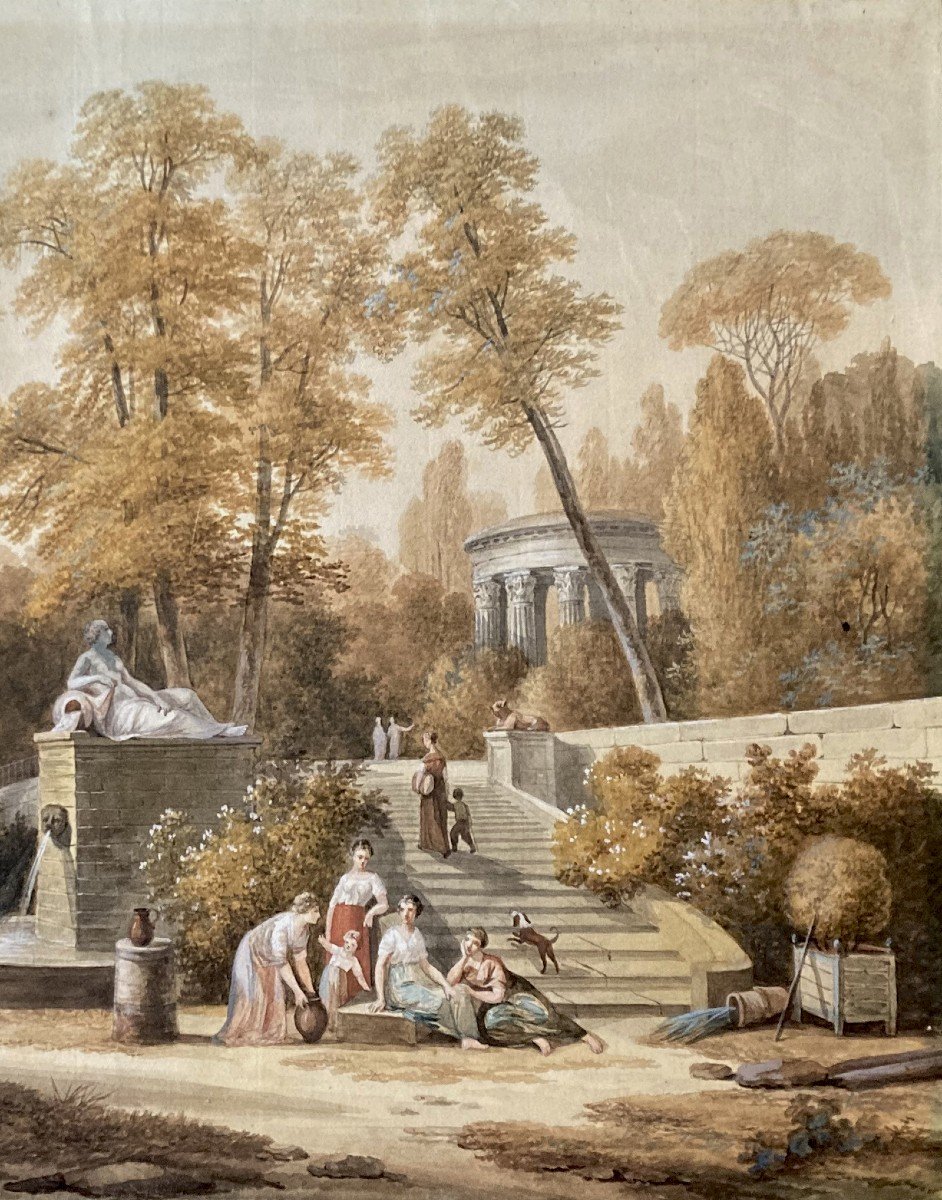 GADBOIS Louis (1770-1826) "Paysage animé, un jardin" Dessin/Gouache, Son cadre fin 18e-photo-3