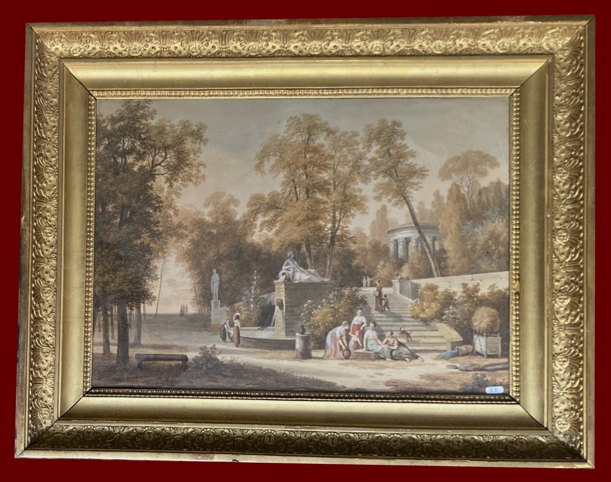 GADBOIS Louis (1770-1826) "Paysage animé, un jardin" Dessin/Gouache, Son cadre fin 18e-photo-4