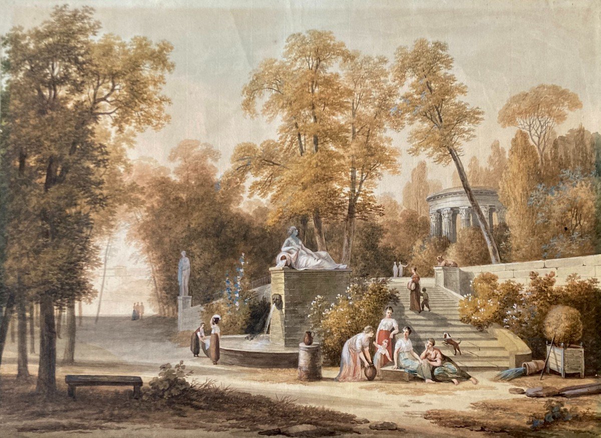 GADBOIS Louis (1770-1826) "Paysage animé, un jardin" Dessin/Gouache, Son cadre fin 18e