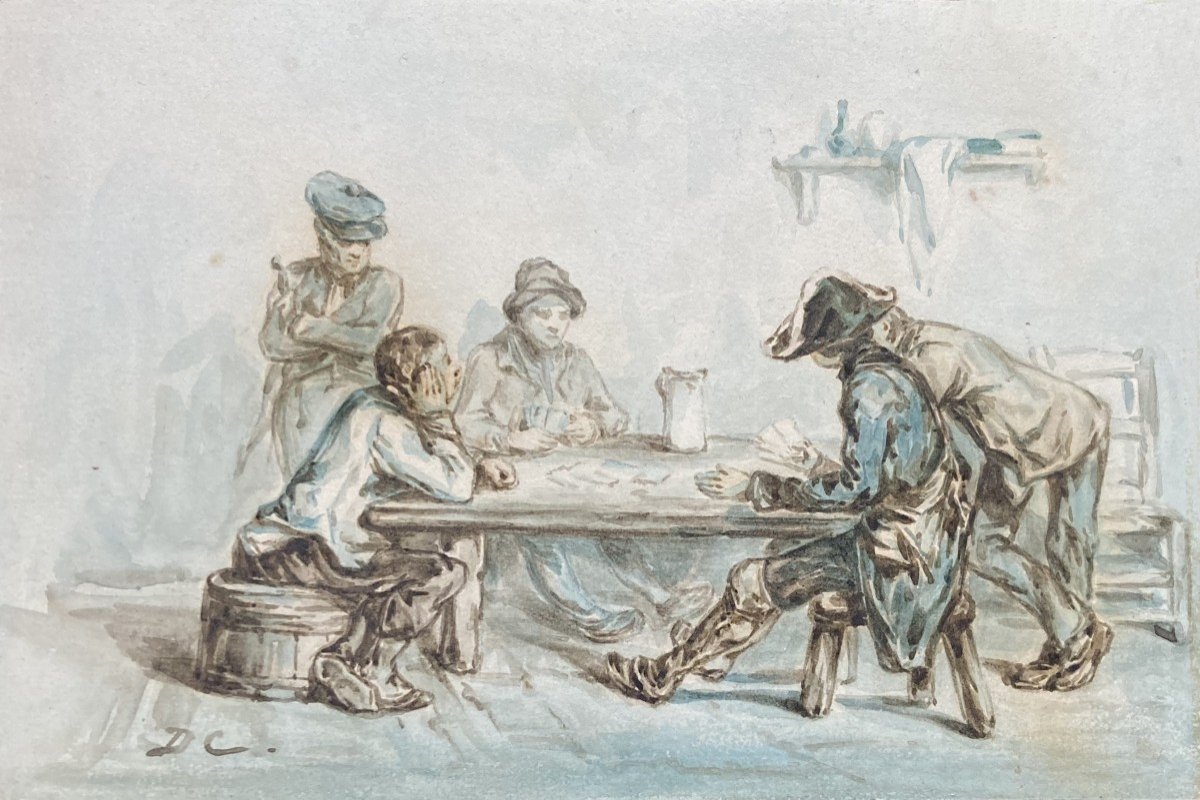 Decamps Alexandre-gabriel (1803-1860) "the Card Game" Watercolor, Monogrammed