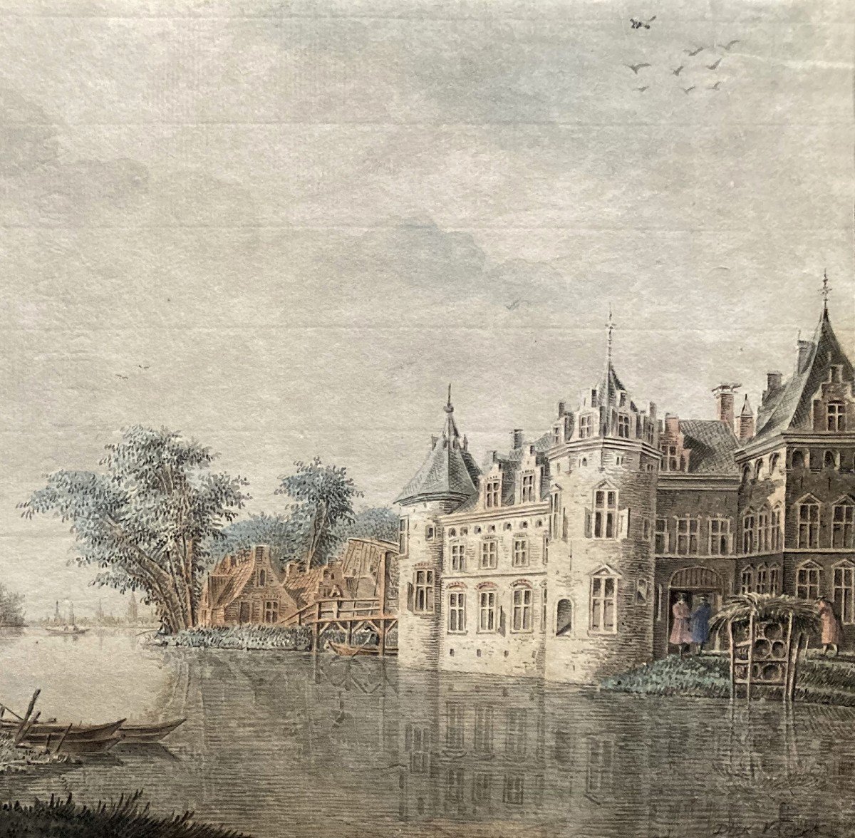 Verrijk Dirk (1734-1786) Dutch School "landscape At The River" Drawing/pen, Watercolour, Signed-photo-3