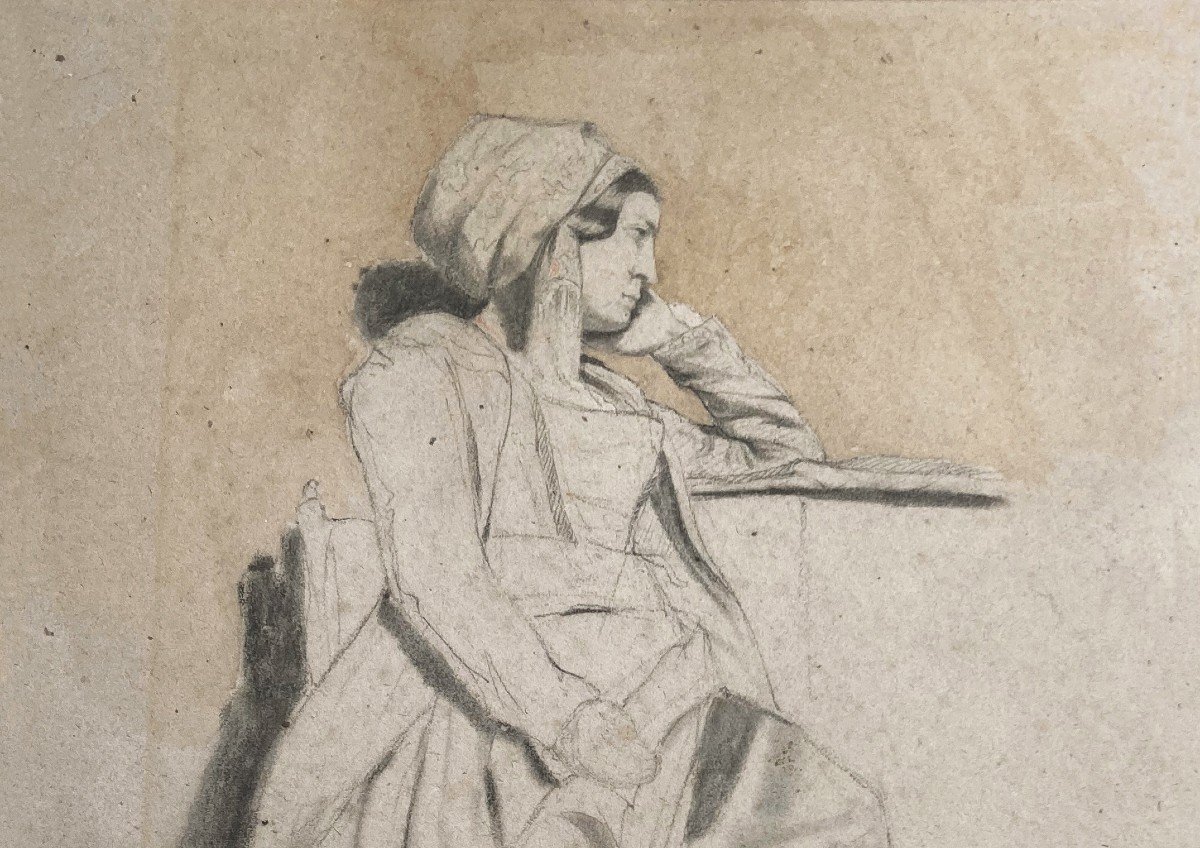 Harpignies Henri (1819-1916) "an Italian" Drawing/black Pencil And Watercolour, Signed-photo-2