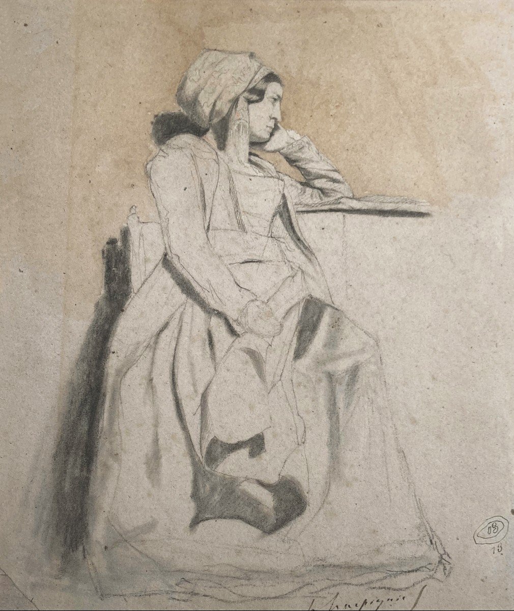 Harpignies Henri (1819-1916) "an Italian" Drawing/black Pencil And Watercolour, Signed