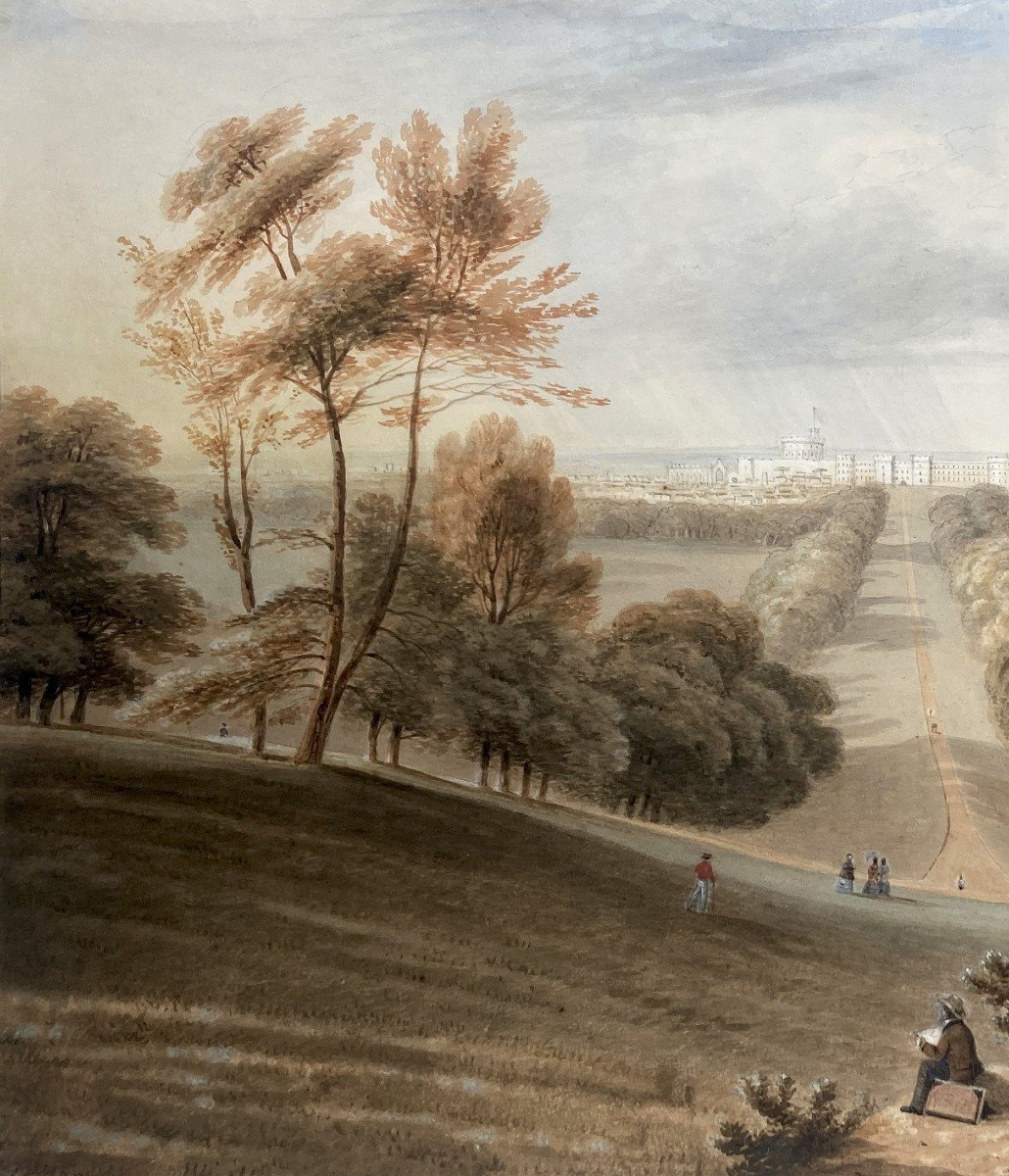 COPLEY FIELDING Anthony Vandyke (1787-1855) "Le château de Windsor" Aquarelle, signé-photo-2