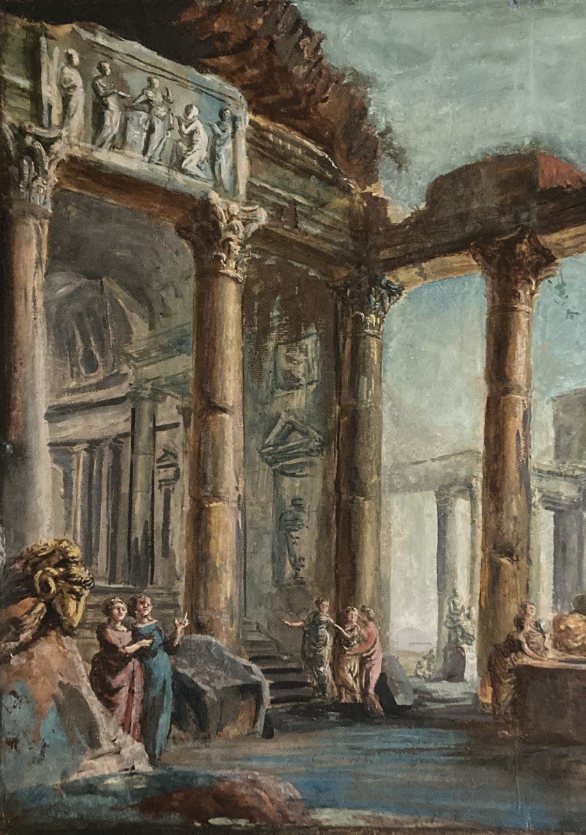 Servandoni Giovanni Niccolo (1695-1766) Attr. à"interior Of An Animated Temple & Fountain" Gouache-photo-2