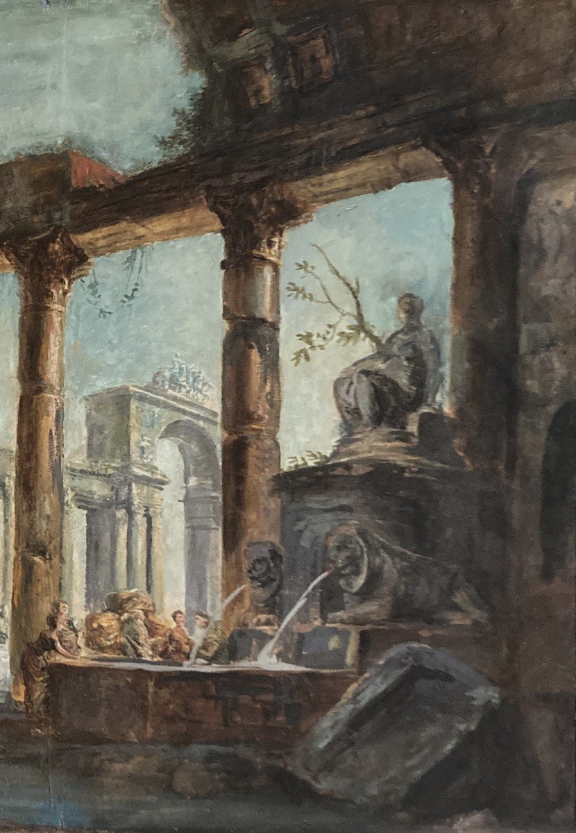Servandoni Giovanni Niccolo (1695-1766) Attr. à"interior Of An Animated Temple & Fountain" Gouache-photo-3