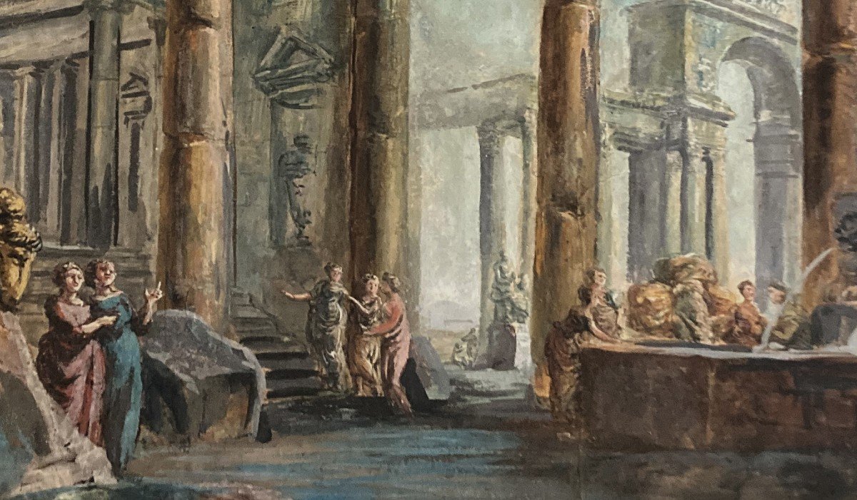 Servandoni Giovanni Niccolo (1695-1766) Attr. à"interior Of An Animated Temple & Fountain" Gouache-photo-4