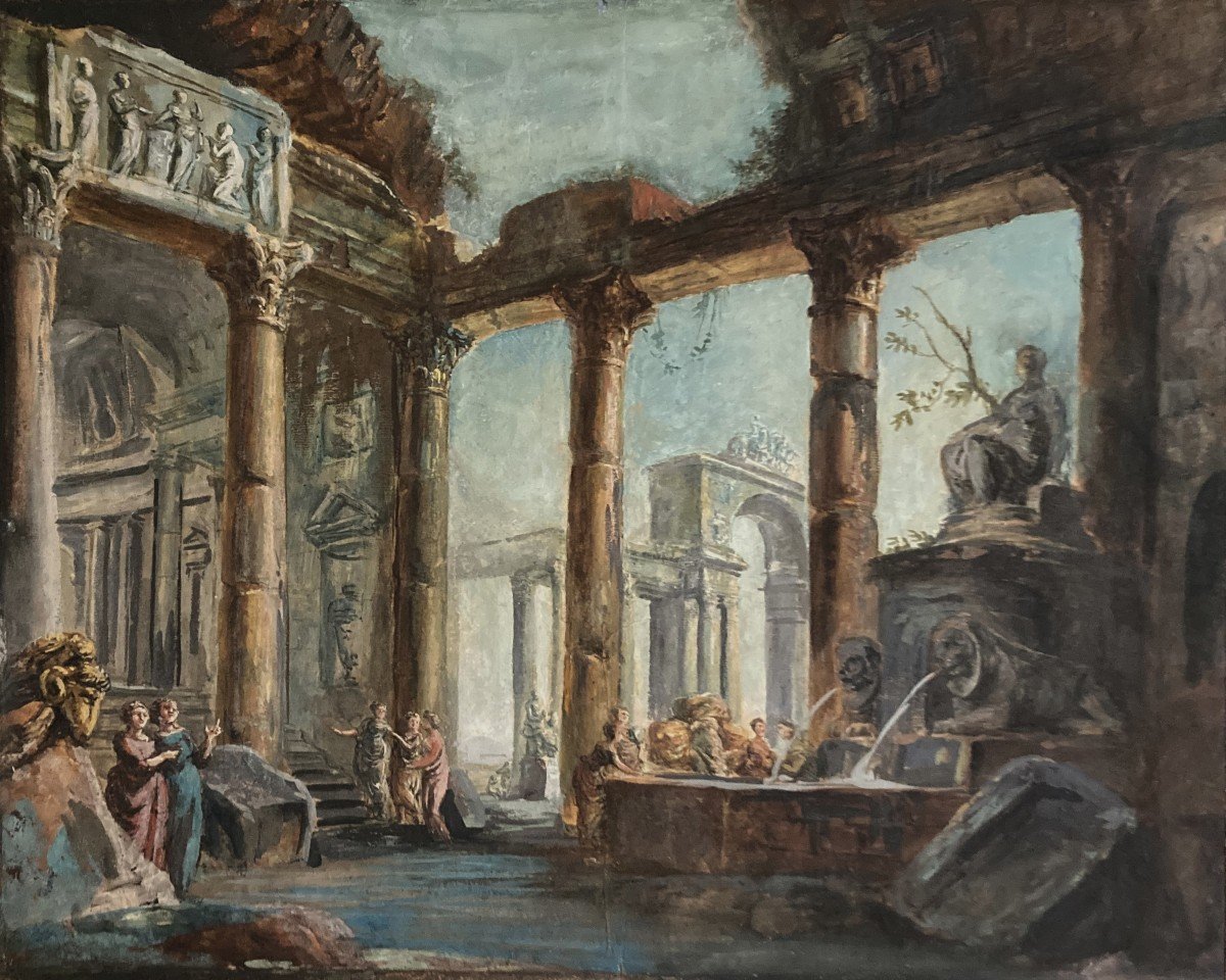 Servandoni Giovanni Niccolo (1695-1766) Attr. à"interior Of An Animated Temple & Fountain" Gouache