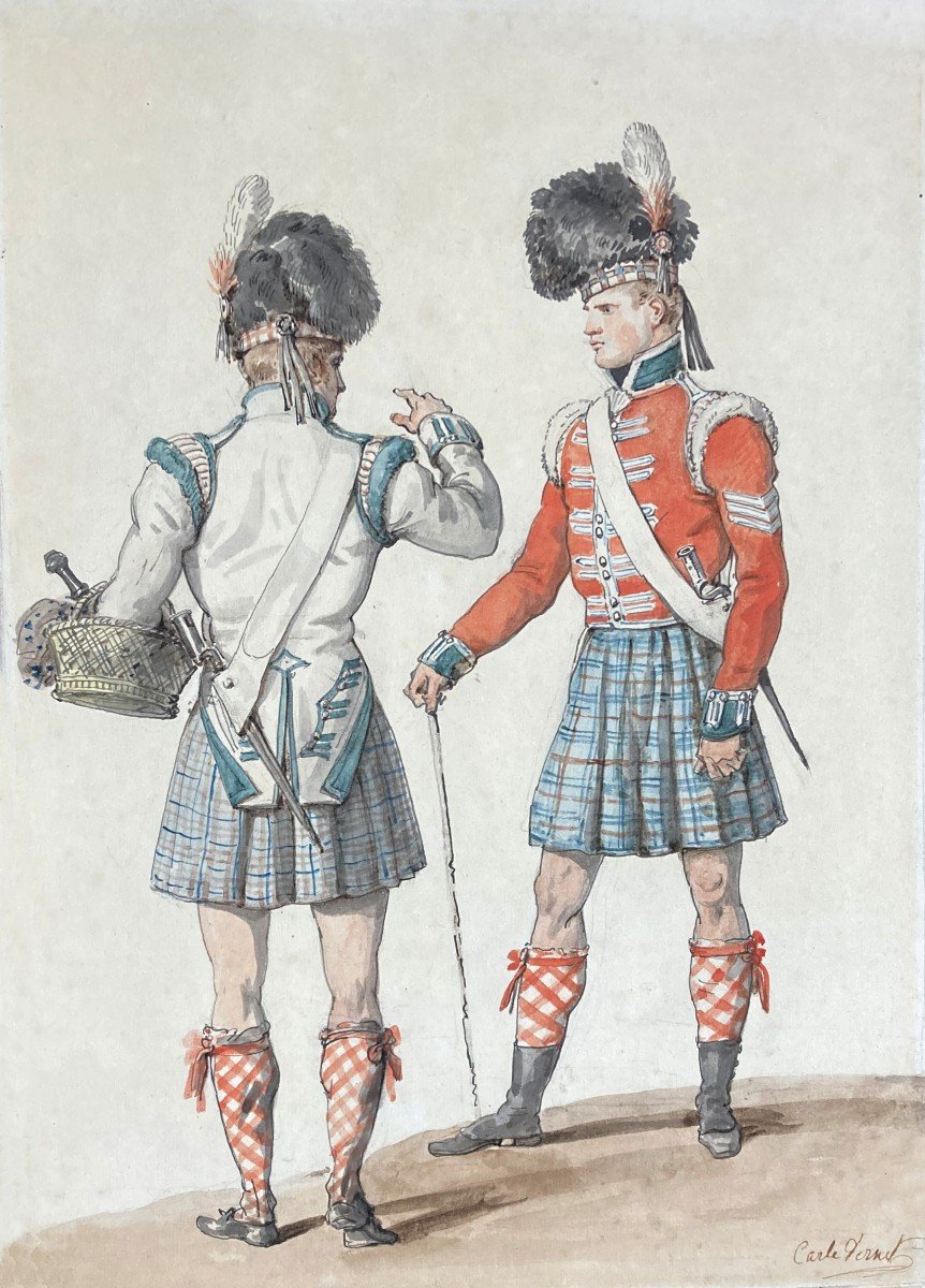 VERNET Carle (1758-1836) "Deux soldats écossais" Dessin/Plume et aquarelle, signé, Cadre 19e-photo-2