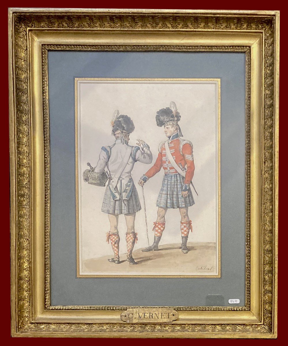 VERNET Carle (1758-1836) "Deux soldats écossais" Dessin/Plume et aquarelle, signé, Cadre 19e