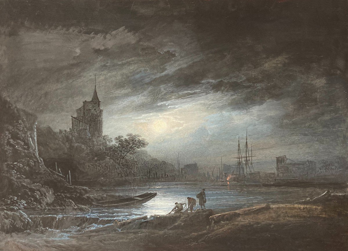 Noel Alexandre (1752-1834) "night Landscape" Gouache, Signed, Its Frame Around 1800-photo-2