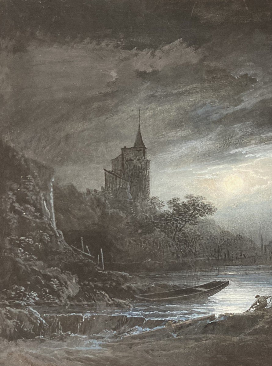 Noel Alexandre (1752-1834) "night Landscape" Gouache, Signed, Its Frame Around 1800-photo-3