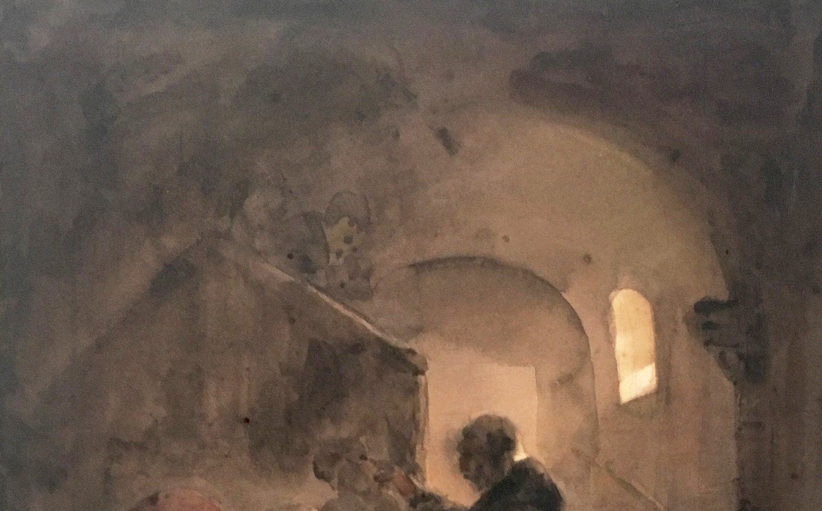 GRANET François Marius (1775-1849) "Religieux dans un couvent" Aquarelle, signé-photo-2