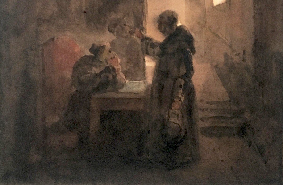 GRANET François Marius (1775-1849) "Religieux dans un couvent" Aquarelle, signé-photo-3