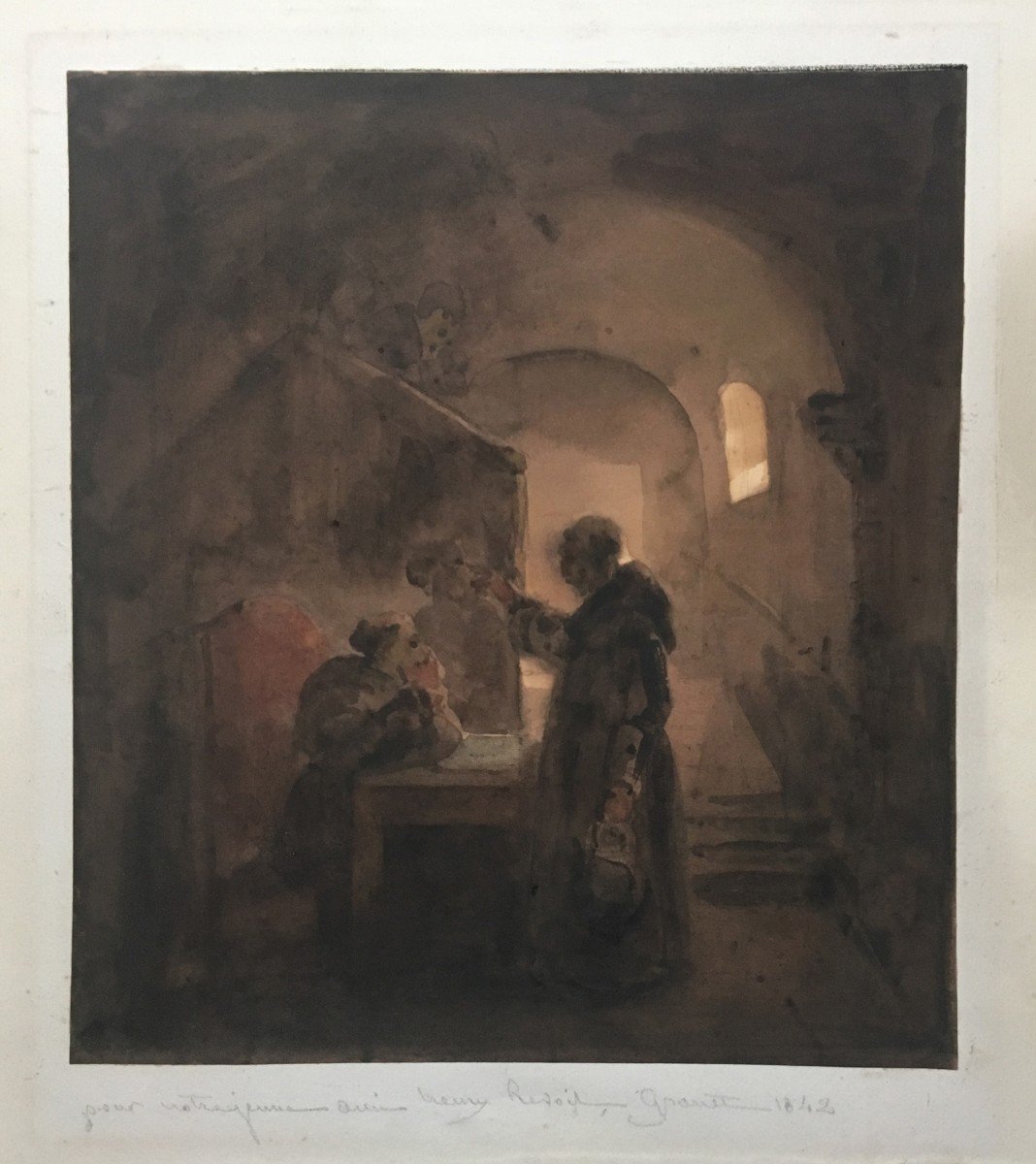 GRANET François Marius (1775-1849) "Religieux dans un couvent" Aquarelle, signé-photo-4