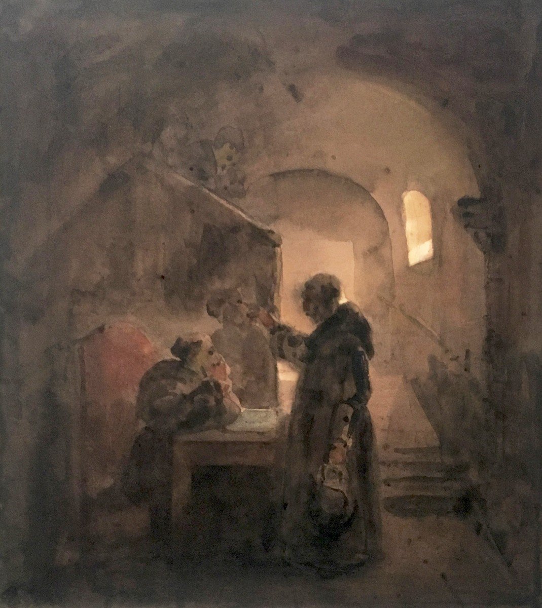 GRANET François Marius (1775-1849) "Religieux dans un couvent" Aquarelle, signé