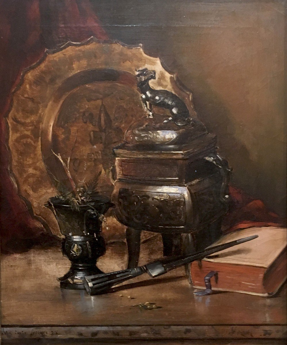 FANTY LESCURE Gaston (1849-1914) "Brûle-parfum et livre", Huile sur toile, signé, Cadre fin 19e-photo-2