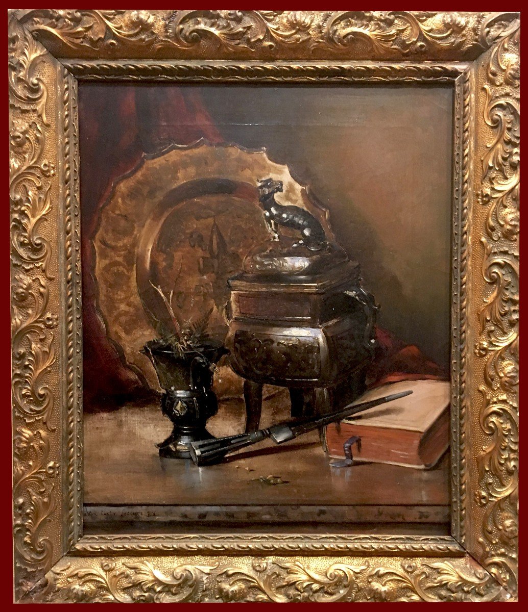 FANTY LESCURE Gaston (1849-1914) "Brûle-parfum et livre", Huile sur toile, signé, Cadre fin 19e