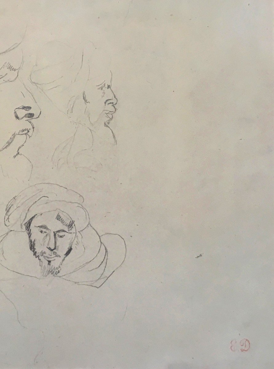 Delacroix Eugène (1798-1863) "arab Heads" Drawing In Black Pencil, Stamp Of The Sale-photo-3