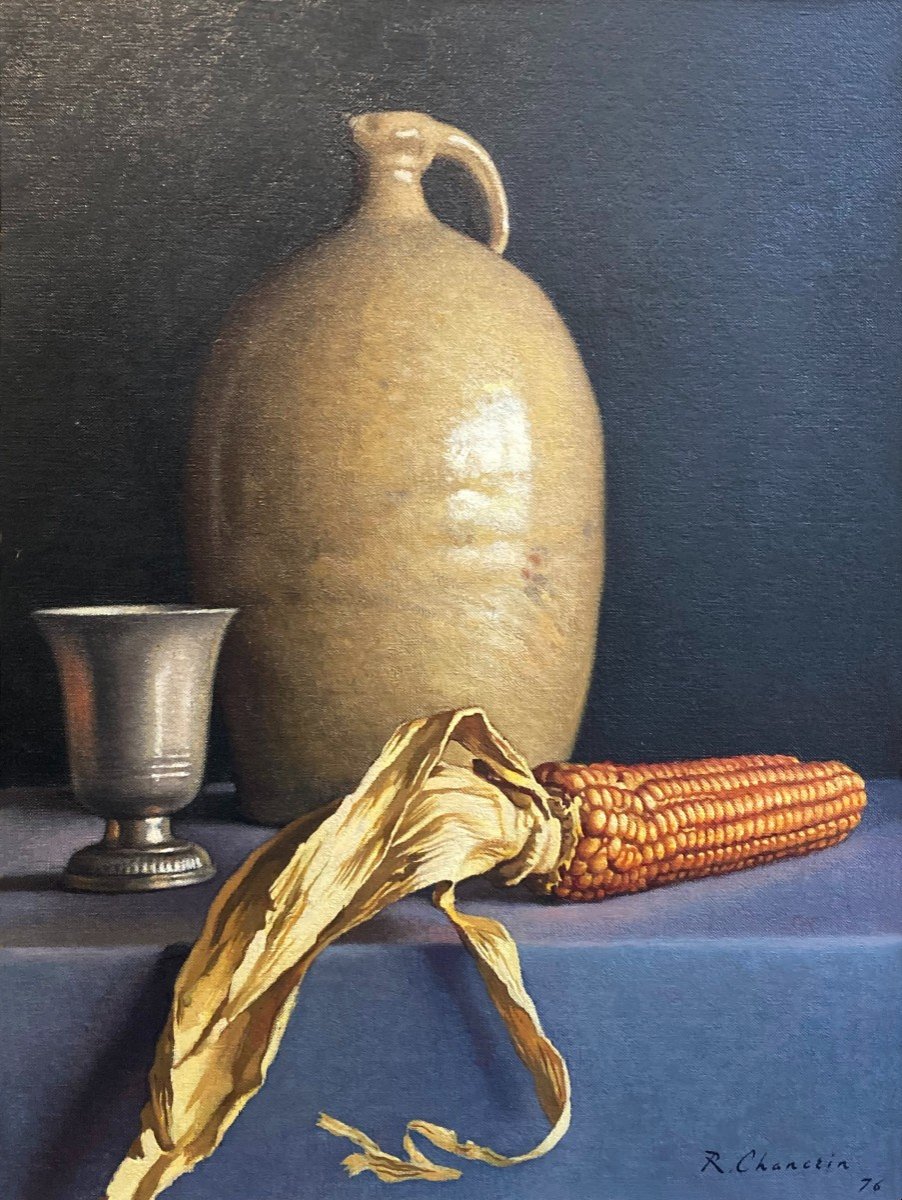Chancrin René (1911-1981) "still Life With Corn" Oil On Canvas, Signed And Dated, Modern Frame-photo-2