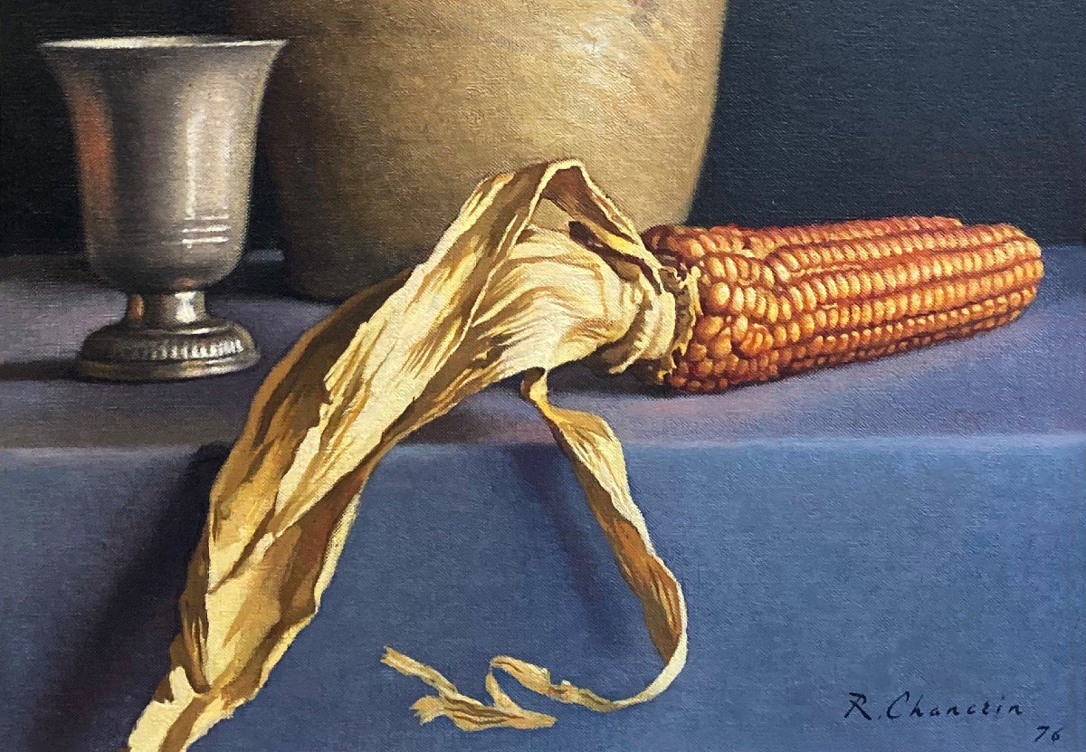 Chancrin René (1911-1981) "still Life With Corn" Oil On Canvas, Signed And Dated, Modern Frame-photo-4