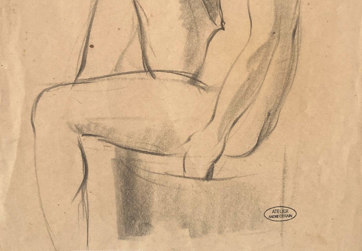 Derain André (1880-1954) "seated Nude" Drawing In Black Pencil, Bears The Stamp Of The Atelier-photo-3