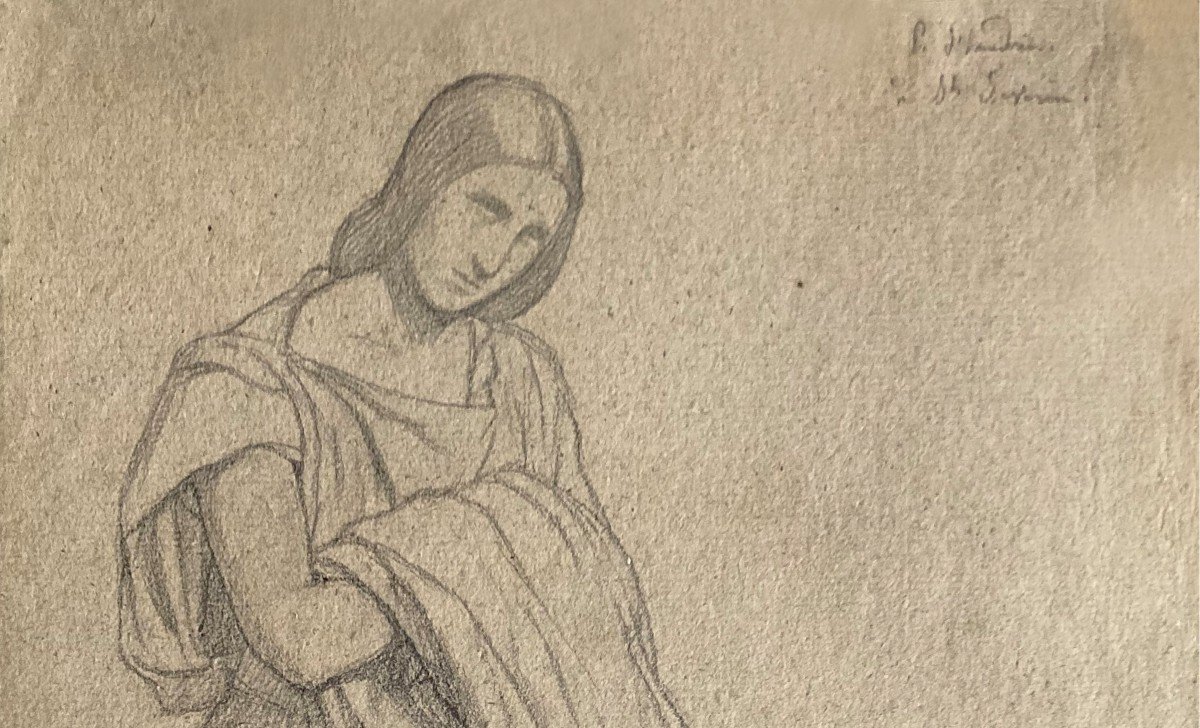 FLANDRIN Paul (1811-1902)"Sainte femme agenouillée"Dessin/Crayon noir, Signé, église St Séverin-photo-2