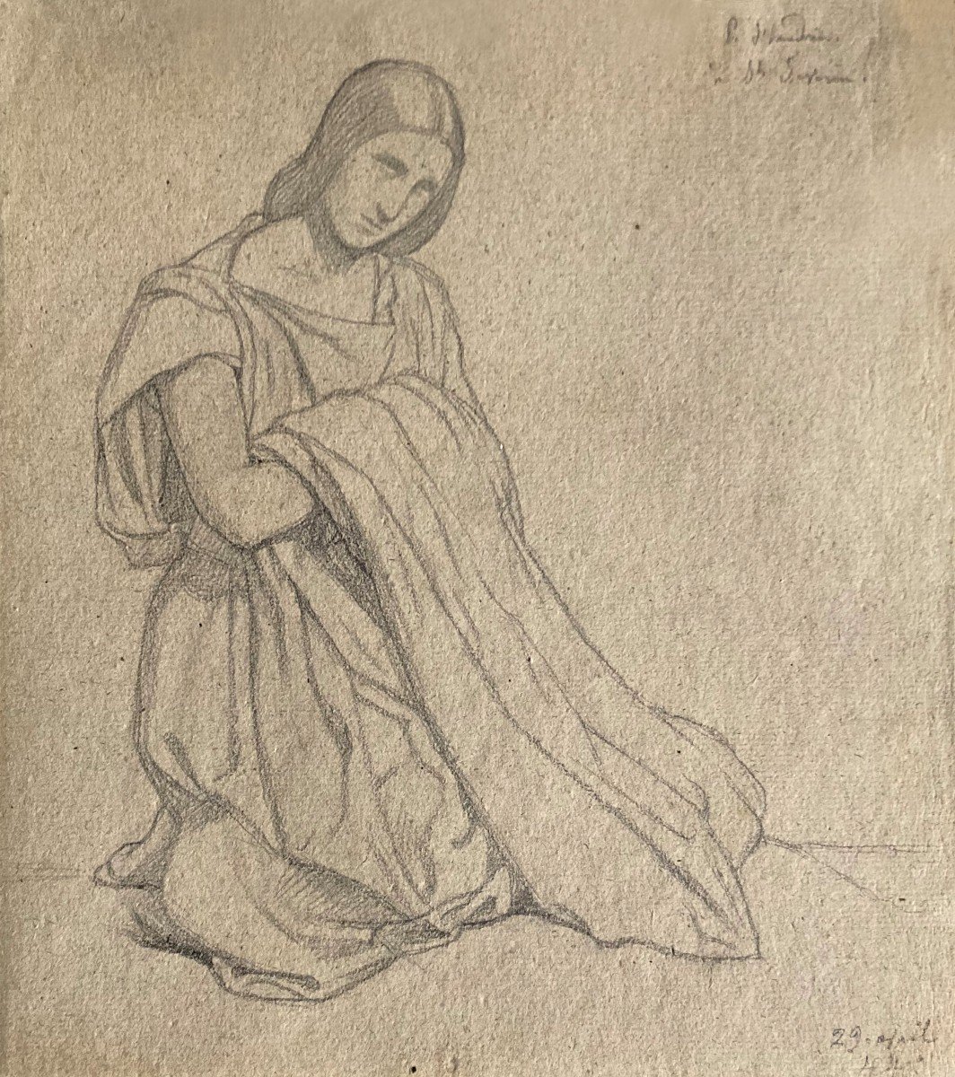 FLANDRIN Paul (1811-1902)"Sainte femme agenouillée"Dessin/Crayon noir, Signé, église St Séverin
