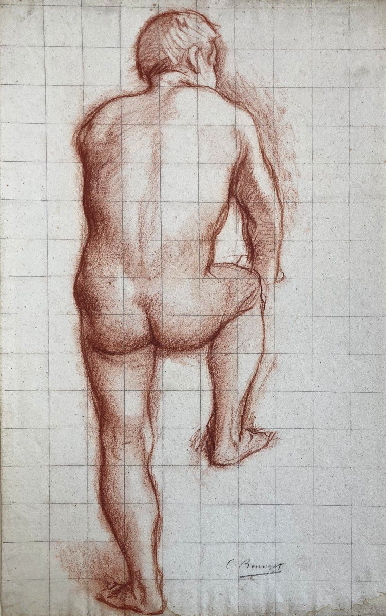 Bourget Camille (1861-1924) "academy Of Man" Drawing In Red Chalk, Signed