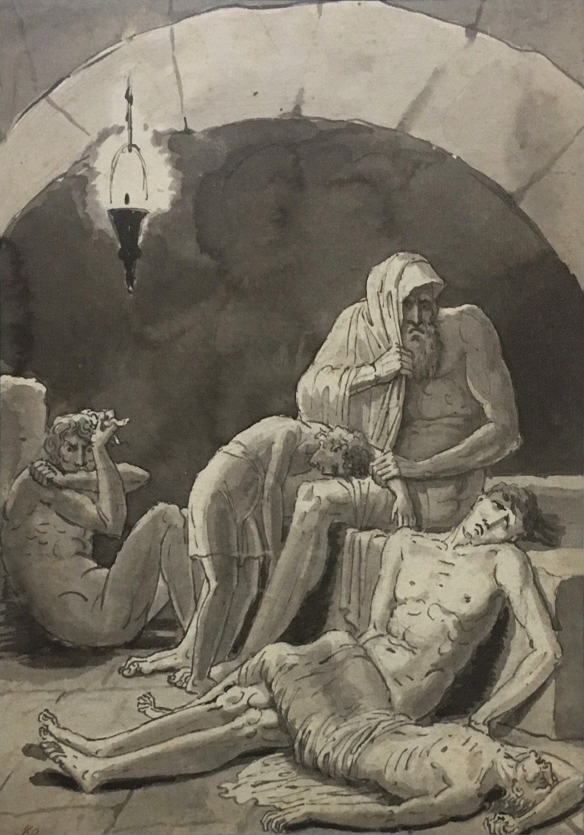 ECOLE FRANÇAISE FIN 18E "Sujet mythologique" Dessin à la plume et au lavis gris-photo-2