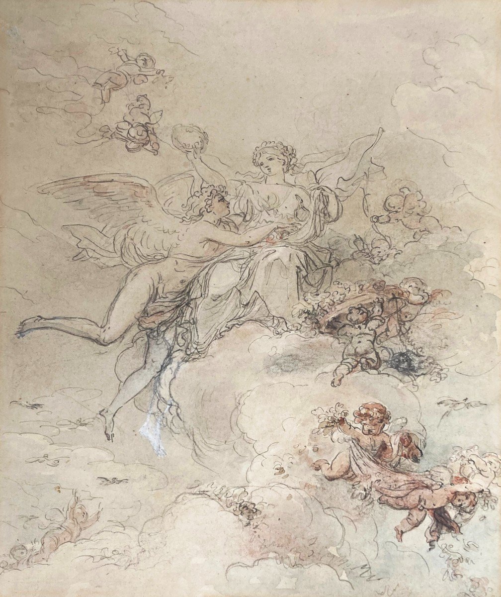 Callet Antoine-françois (1741-1823) Attr. To "zéphyr & Flore Crowning Cybèle" Drawing/plume, Wash