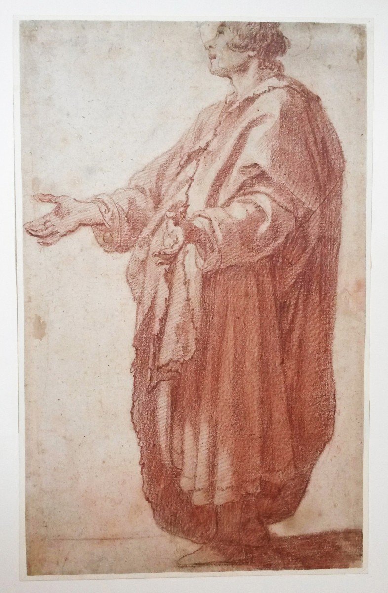 Rosselli Matteo, Attributed To (1578-1650) "standing Draped Man" Red Pencil Drawing