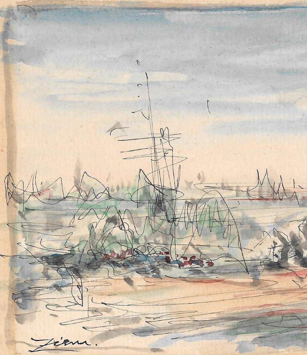 Ziem Félix (1821-1911) "seascape" Pen And Watercolor Drawing, Signed-photo-2
