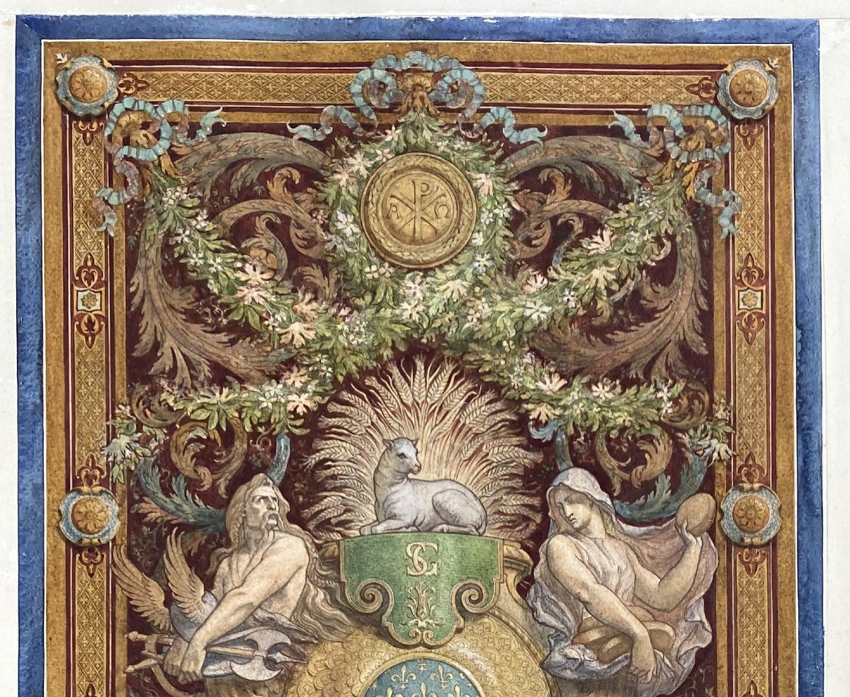 LAMEIRE Charles (1832-1910) "Projet: modèle du transept du Panthéon" Aquarelle, signé, Cadre-photo-2