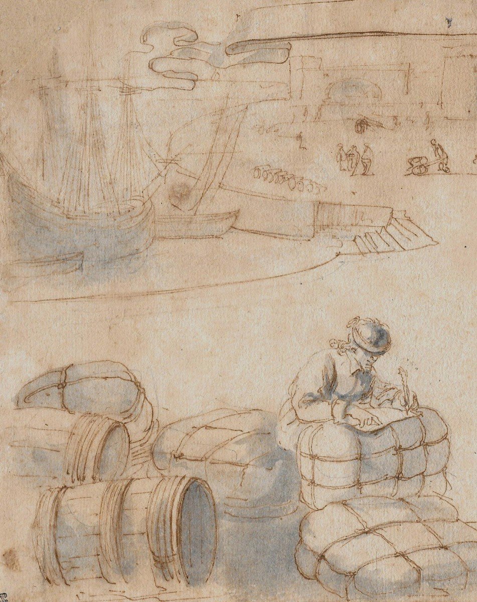 Della Bella Stefano (1620-1664) "merchants At The Port" Drawing/pen, Ink Wash, Provenance-photo-2